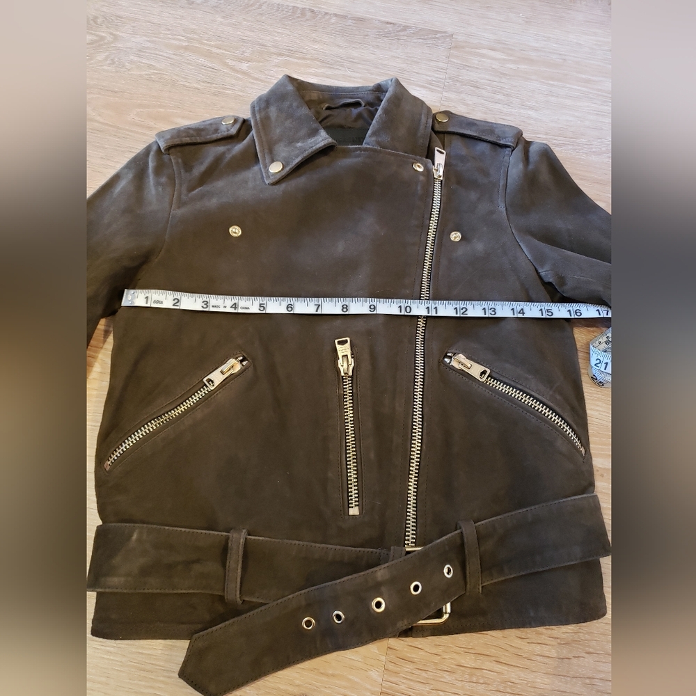 Allsaints suede balfern biker jacket in dark green womens size 2 - Picture 14 of 16